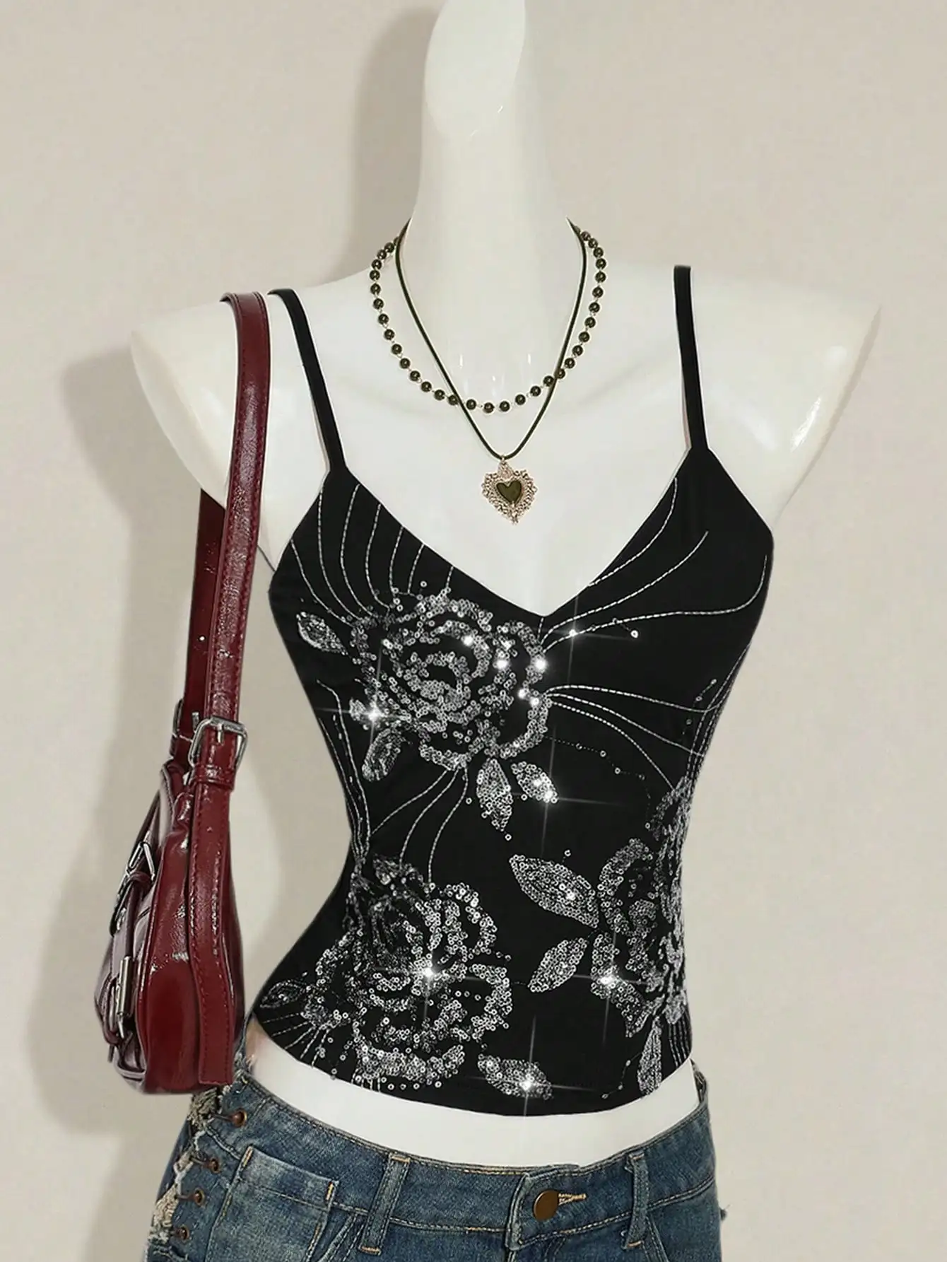 

Топ-майка Y2K с блестками и цветочным узором для женщин, винтажный готический топ с блестящей вышивкой в виде роз