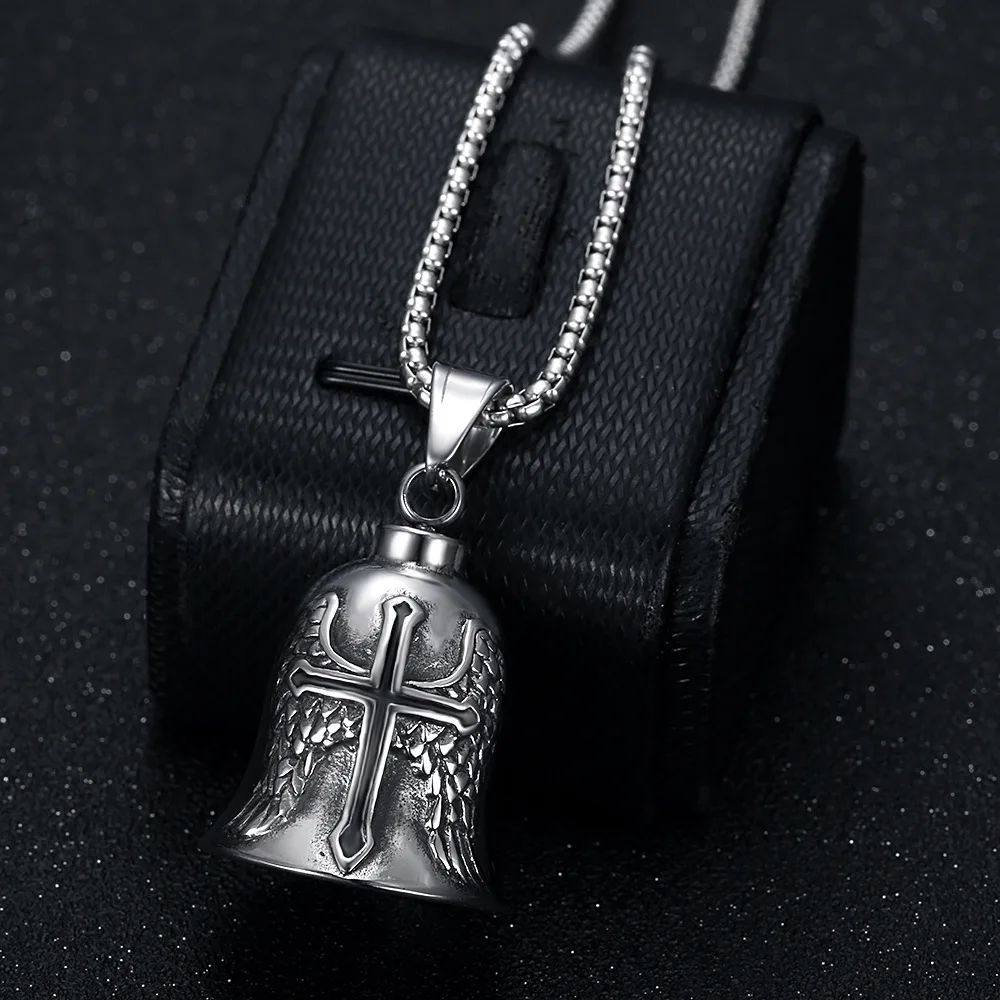 Locomotive Style Designer Vintage Charms Angel's Wings Stainless Steel Bell Silver Pendant Cross Necklace For Men