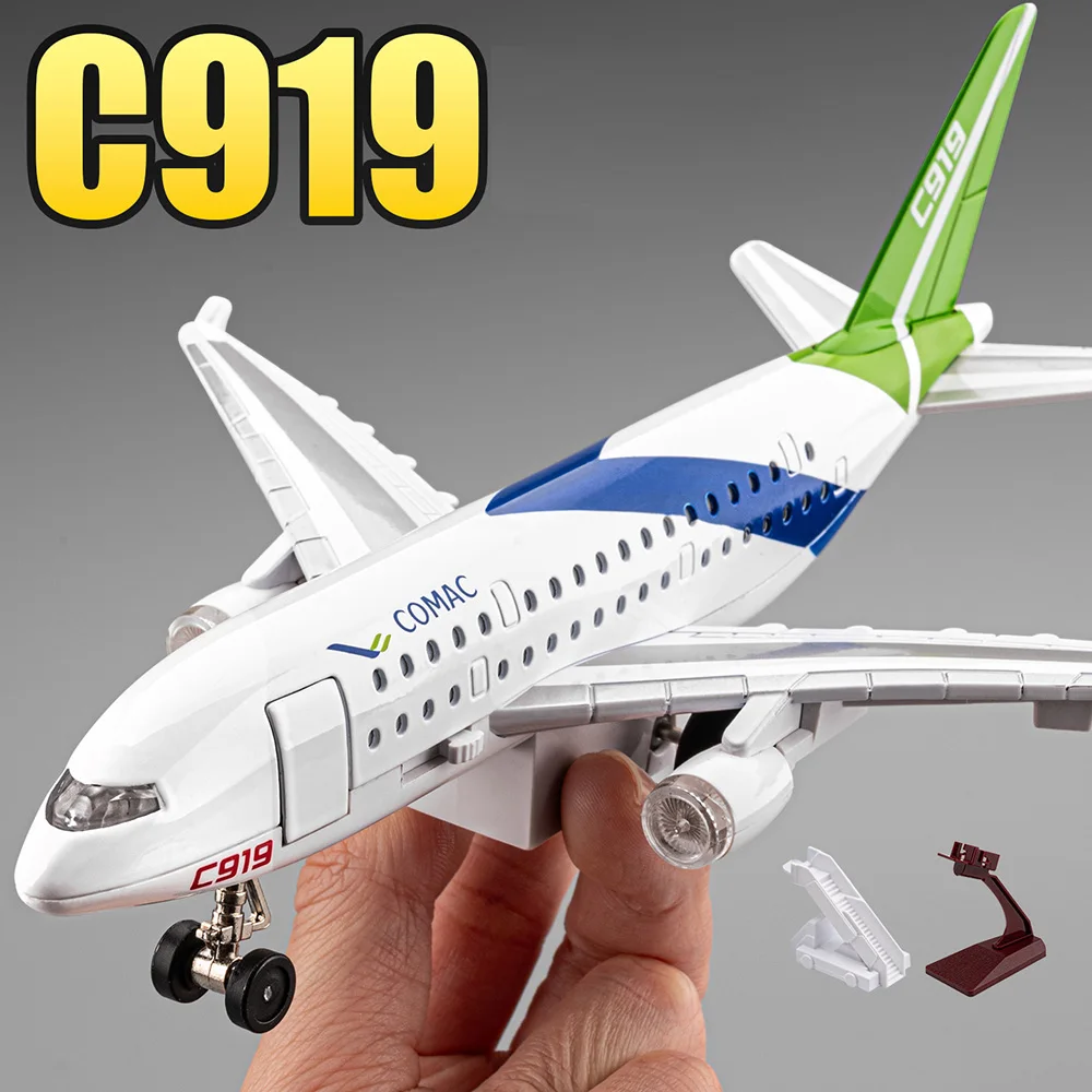 787 C919 Airliner Model Diecast Alloy Toys Car Foldable Front Wheels Sound and Light Rubber Tire Pull Back Airplane Holiday Gift