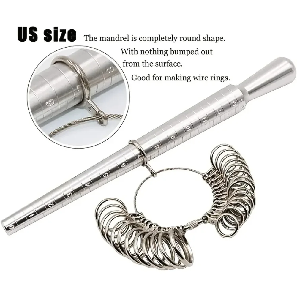 3PCS US Size Ring Sizer Set Stainless Steel Ring Mandrel Stick Metal Ring Gauge With Finger Measuring Belt Jewelry Making Tool