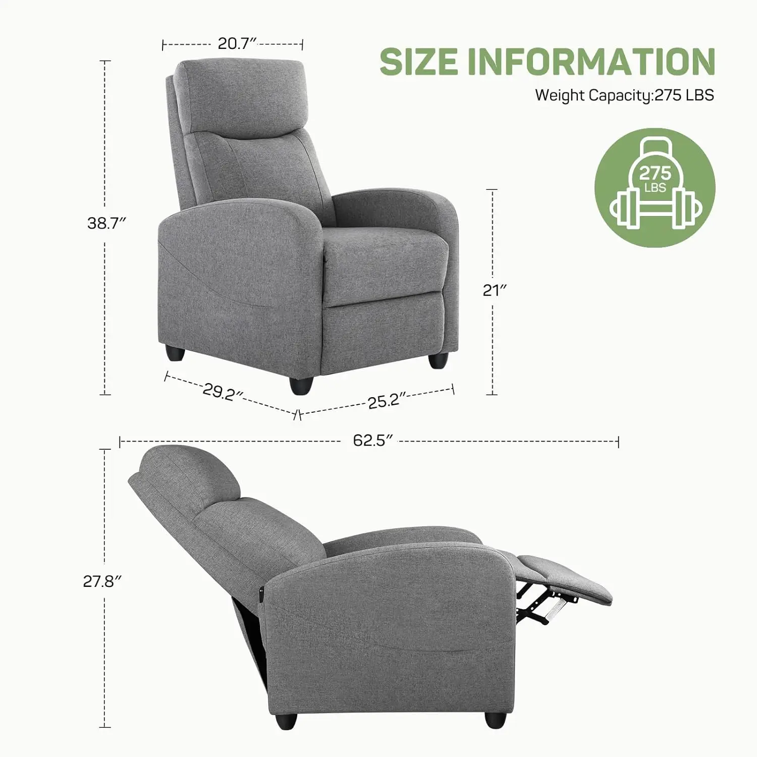 Recliner Chair with Massage and Lumbar Support, Small Fabric Home Theater Seating