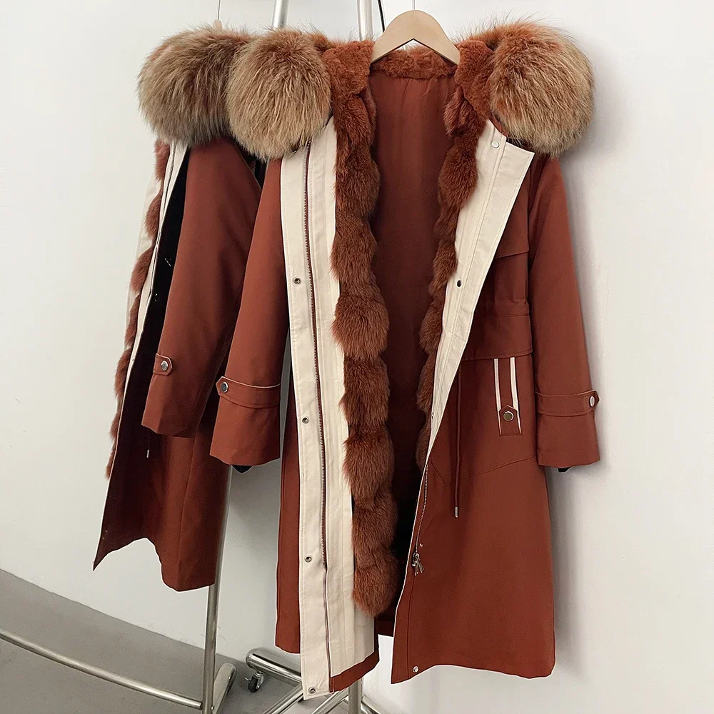 Femmes naturel fourrure de lapin intérieur manteau de fourrure chaud mode nouveau à capuche vraie fourrure de renard imperméable coupe-vent épais Parker longue Parka veste