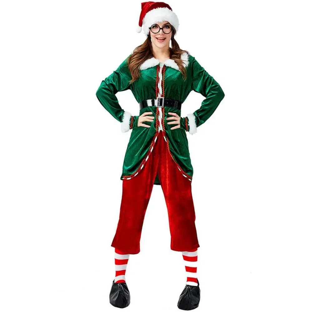 Deluxe 6Pcs Women's Christmas Costume Cosplay Santa Claus Uniform Suit For Adults Green Elf Xmas Holiday Party Fancy Dress