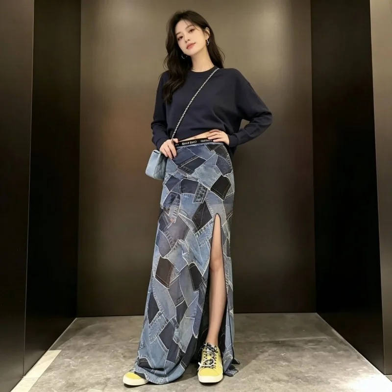 French Retro Chiffon Plaid Printing Skirt Women' 2026 Summer New High-waisted Split-ends and Thin Long Skirt Temperament Commute