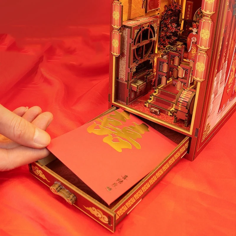 DIY ไม้ Book Nook ชั้นวางชุดจีน Miniature ชุดชั้นวางหนังสือ Light Bookend สําหรับของขวัญเพื่อน
