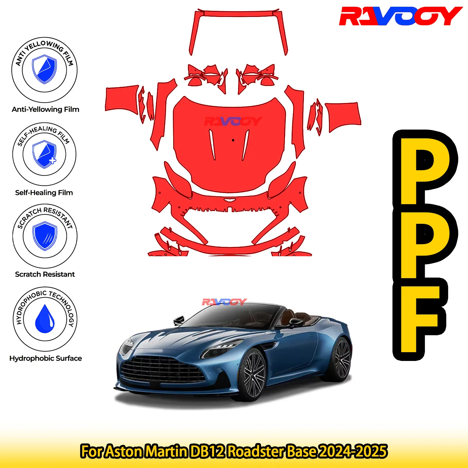 

For Aston Martin DB12 Roadster Base 2024-2025 Glossy Matte Black Precut front PPF Kit Paint Protection Film