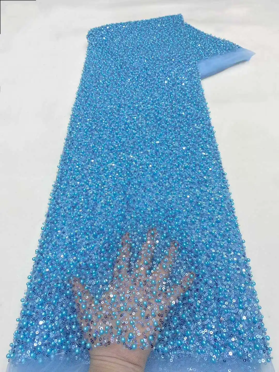 

Luxury African Heavy Bead Lace Fabric 2025 High Quality 5 Yards Nigerian Pearl Embroidered Mesh Material With Sequins For Dress
