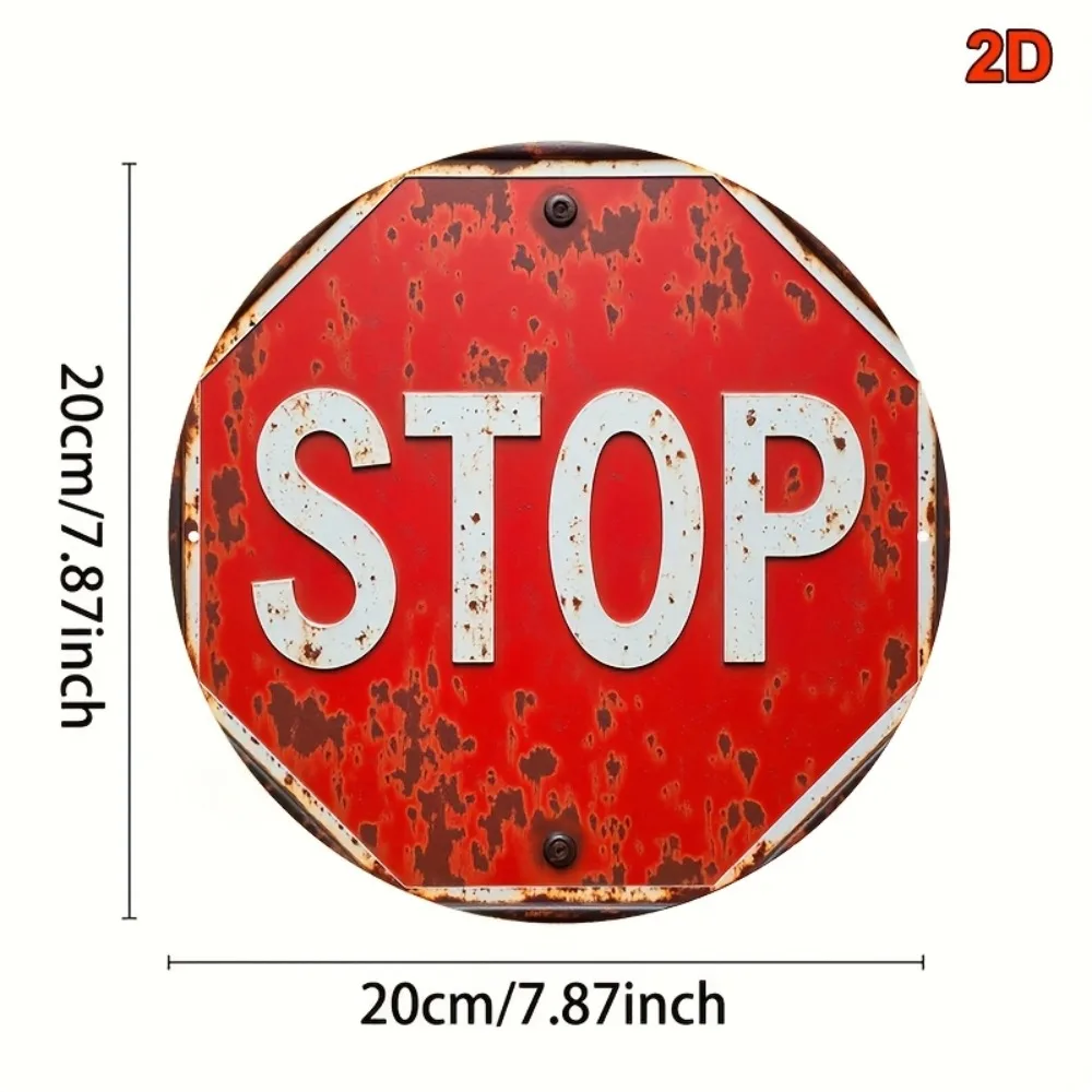 Vintage 2D Metal Stop Sign 8 Inch Rustic Red Iron Traffic Decor for Bar Cafe Home