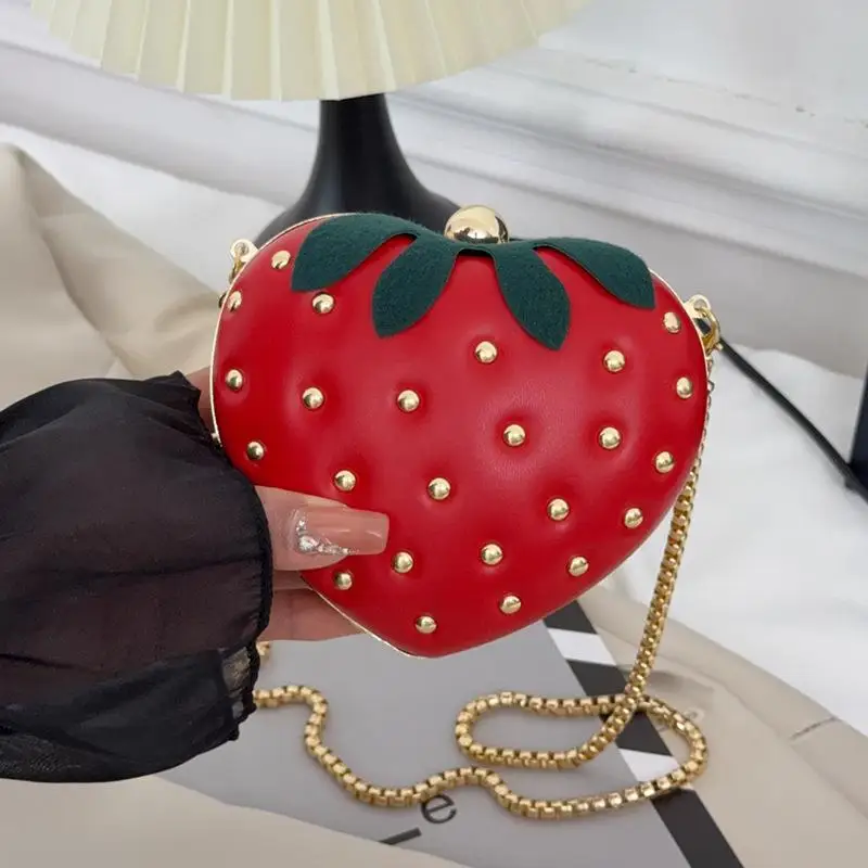 1Pcs Red Leather Strawberry Crossbody Bag With Gold Studs And Chain Strap Perfect For Daily Outings Parties Teen Girls