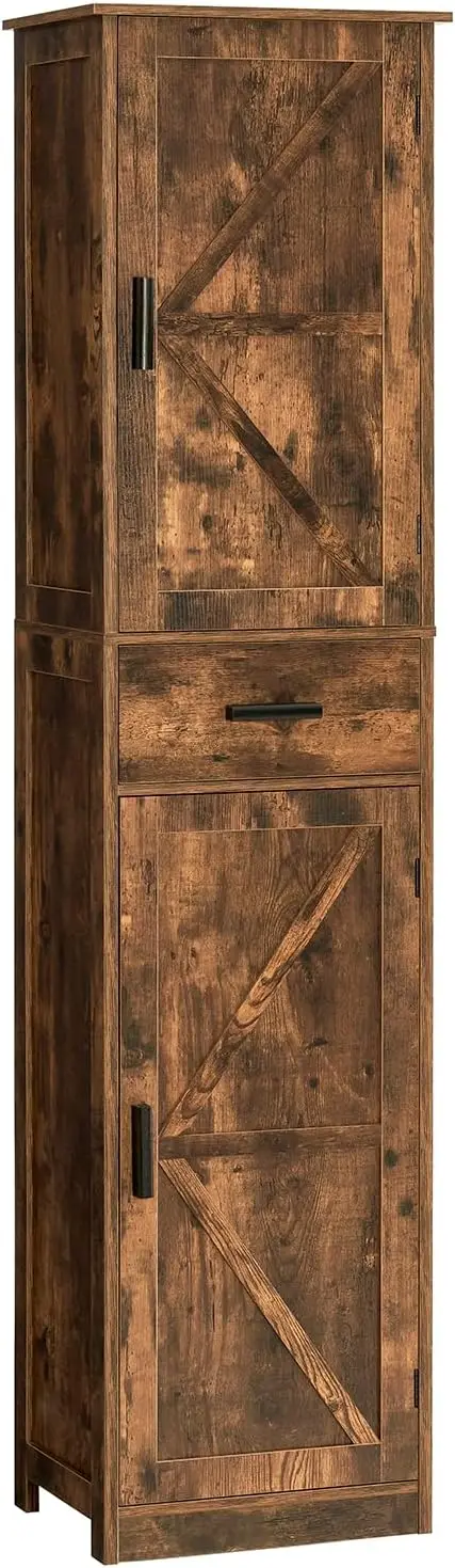 

Tall Storage Cabinet, Bathroom Cabinet with 6 Shelves & Drawer, Narrow Storage Cabinet with Ajustable Shelves, Rustic Brown