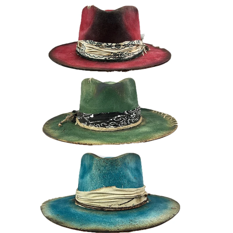 Wool Homburg Fedoras Hat Exotic Belt Distressed Victorian Age Wool Hat Classical Women Men Photo Props Cowboy Costume Hat Gift