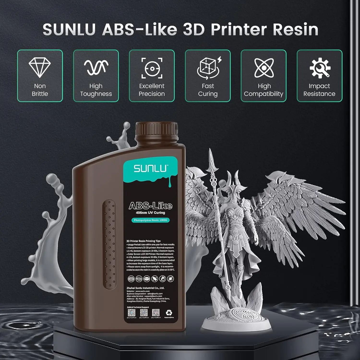 SUNLU 1KG ABS-achtige/standaard/waterwas 3D-hars 405nm UV-hars Voor de meeste SLA/DLP/LCD 3D-printermateriaal UV-gevoelig 1kg