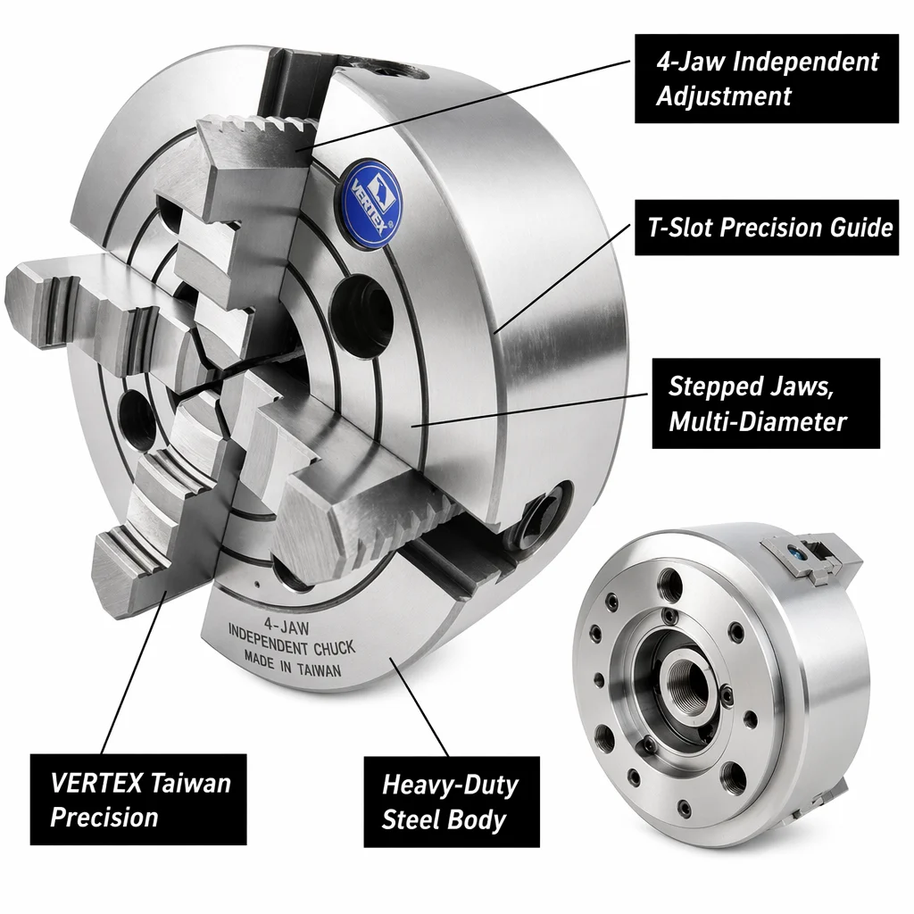 Pneumatic 4-Jaw Steel Chuck ODM OEM VERTEX VKC-4 0.05mm Accuracy 3000-5500 RPM for CNC Lathe Machine