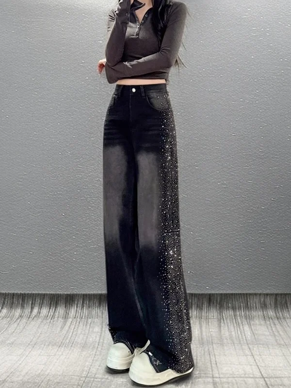 

Черные джинсы с пайетками, широкие штанины, высокая талия, свободный крой, весенние, женские, премиум-класса, повседневные, с множеством карманов, в стиле High Street Fashion