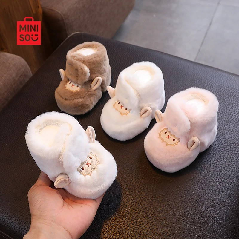 حذاء Miniso 2025 للأطفال من عمر 0 إلى 12 شهرًا، نعل ناعم مبطن بالصوف للشتاء للمشايات الأولى لحديثي الولادة والرضع #5