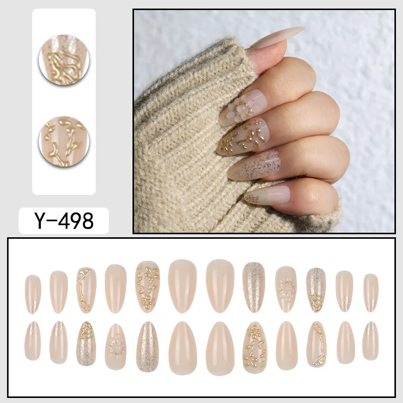 Faux ongles en amande avec colle, 24 pièces, motifs de fleurs 3D dorés, blanc, français, à pression, paillettes, pointes de manucure portables