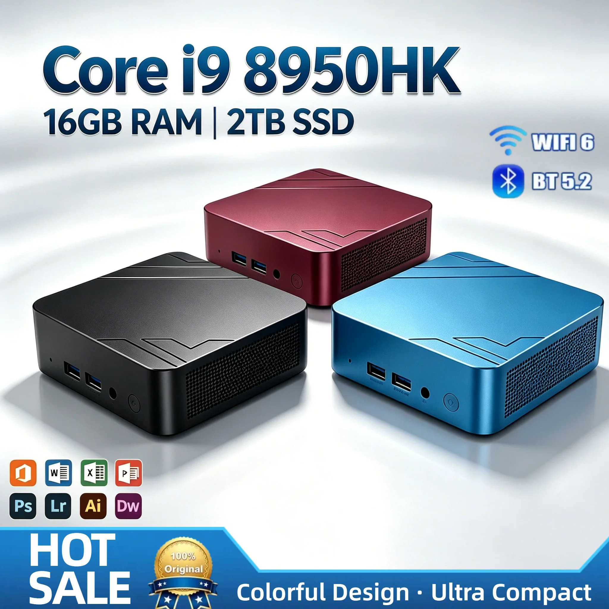 코어 i9-8950HK 소형 폼팩터 PC 16GB DDR4 2TB NVMe SSD 트리플 4K HDMI WiFi6 고성능 데스크탑 사무용 가정용 프로