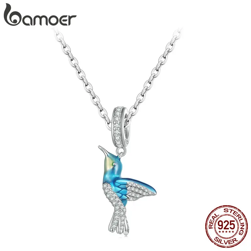 Bamoer 925 Sterling Silver Exquisite Green Enamel Bird Pendant Necklace Hummingbird Neck Chain for Women Fine Jewelry Gift