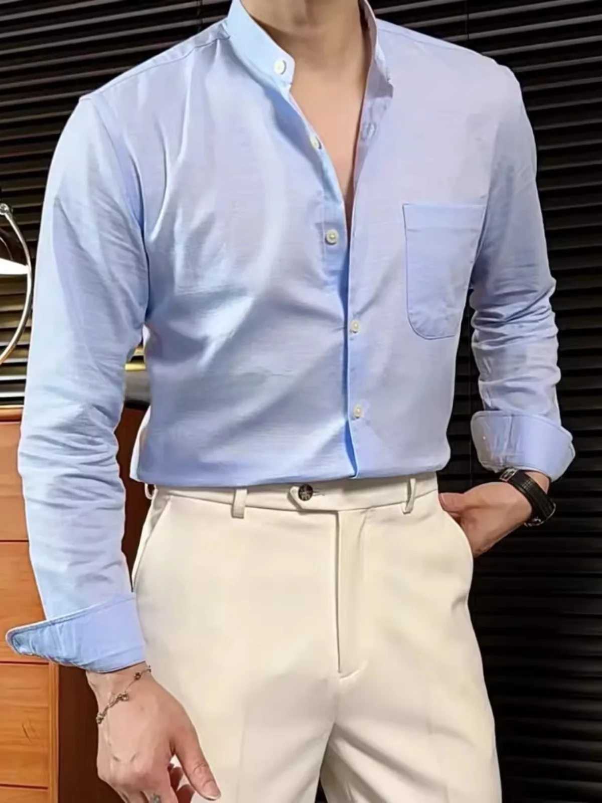 

New 2024 Men's Slim Fit Lightweight Cotton Linen Long Sve Casual Faionable irt Spring Summer Sle Trendy Stand Collar