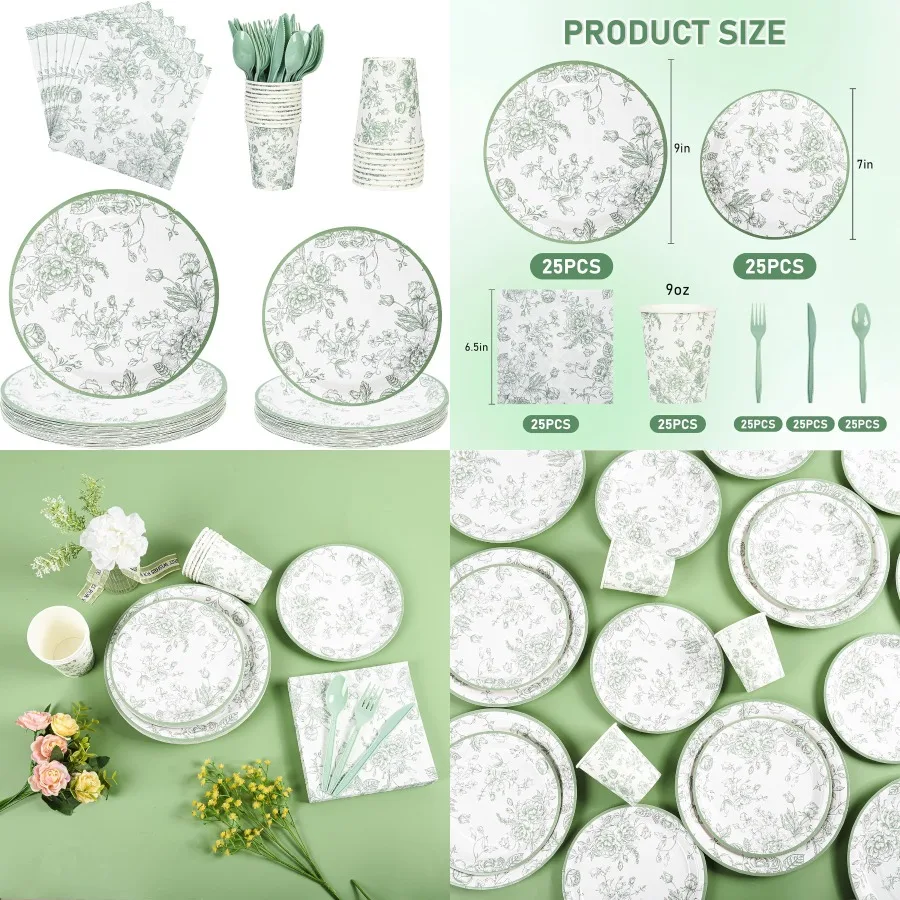 

175 шт. набор бумажных тарелок и салфеток с цветочным рисунком шалфея для 25 гостей с зеленым туалетом в стиле шинуазри включает одноразовую плату