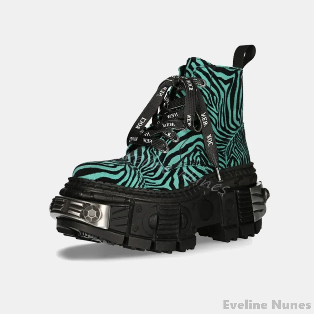 Retro Contrast Color Leopard Print Punk Boots Women Hotties Tank Thick Sole Cross Strap Fashion Boot New Heavy Metal Ankle Boots