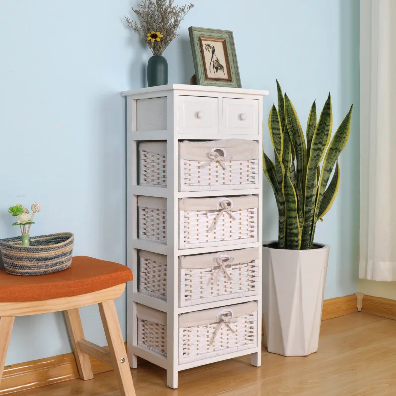 Mediterranean rattan bedside table Bedroom Solid wood Simple white storage Narrow cabinet American small locker 40 Living room