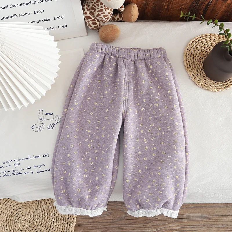

2025 Winter Girls Clothes Thicken Fleece Pants Children Floral Print Lace Trim Casual Loose Straight Leg Pants