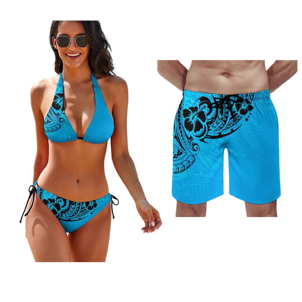 Aanpasbare Polynesische paar set dames bikini heren trunks tropische ontsnapping strand badmode jaar rond klaar