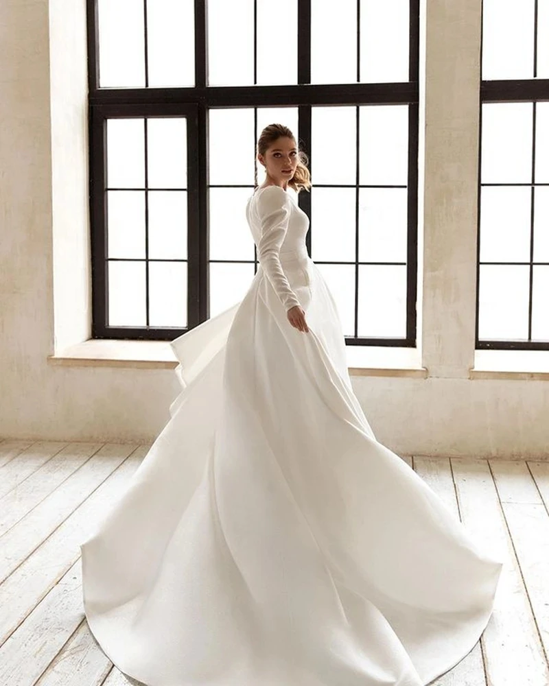 Classic Elegant Wedding Dresses A-Line Satin Bridal Gowns V-Neck Long Sleeves Robes For Formal Party 2024 Vestidos De Novia 2023