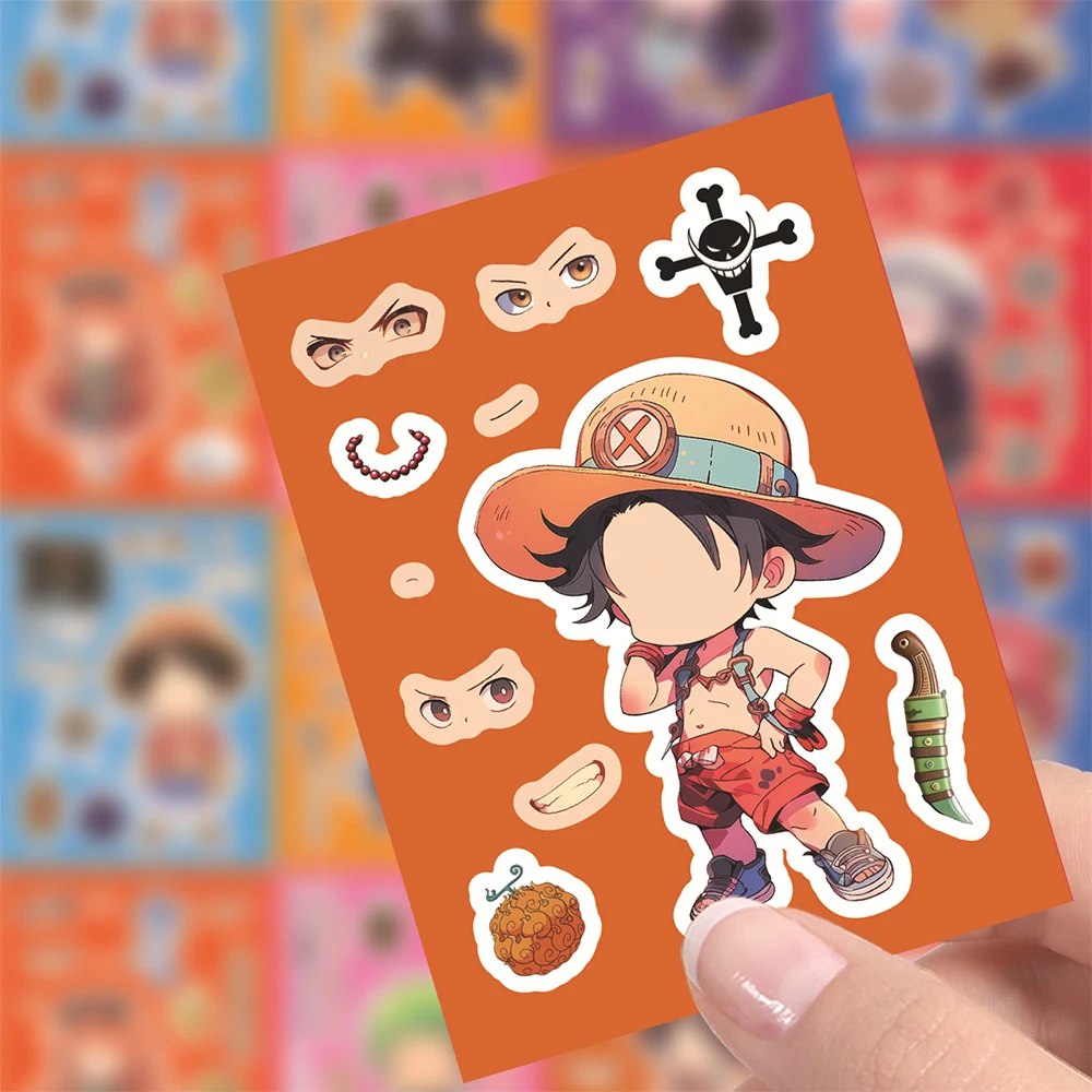 

8/16sheets Cartoon One Piece Anime Luffy Zoro Puzzle Stickers Make a Face DIY Funny Party Game Assemble Jigsaw Decals Wholesale