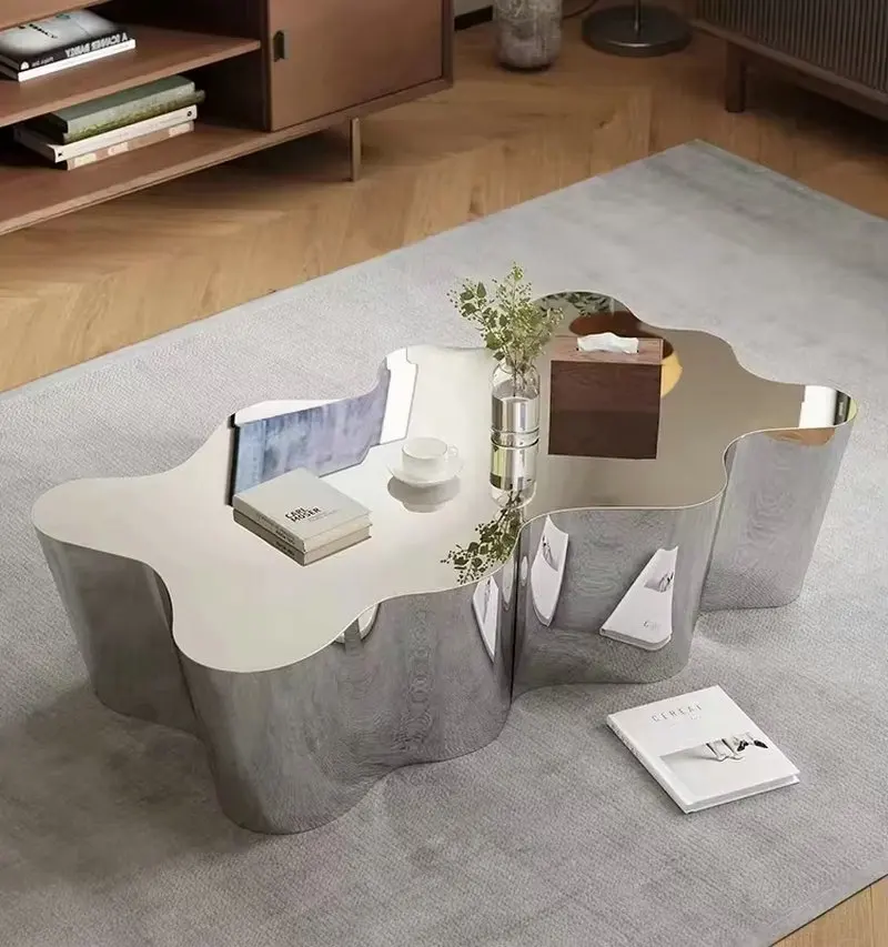 Nordic Light Luxury Stainless Steel Coffee Table, Minimalist Creative Cloud Shaped Display Table, Living Room Tea Table BB653JM