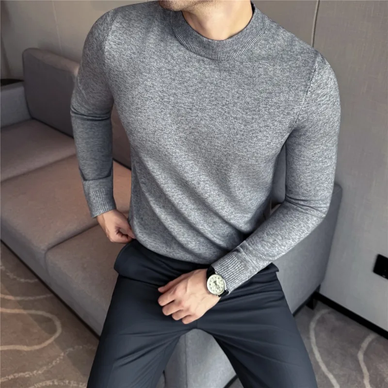 

Мужской вязаный свитер, зимний теплый пуловер с круглым вырезом, однотонный повседневный высокоэластичный облегающий свитер, мужская одежда высокого качества