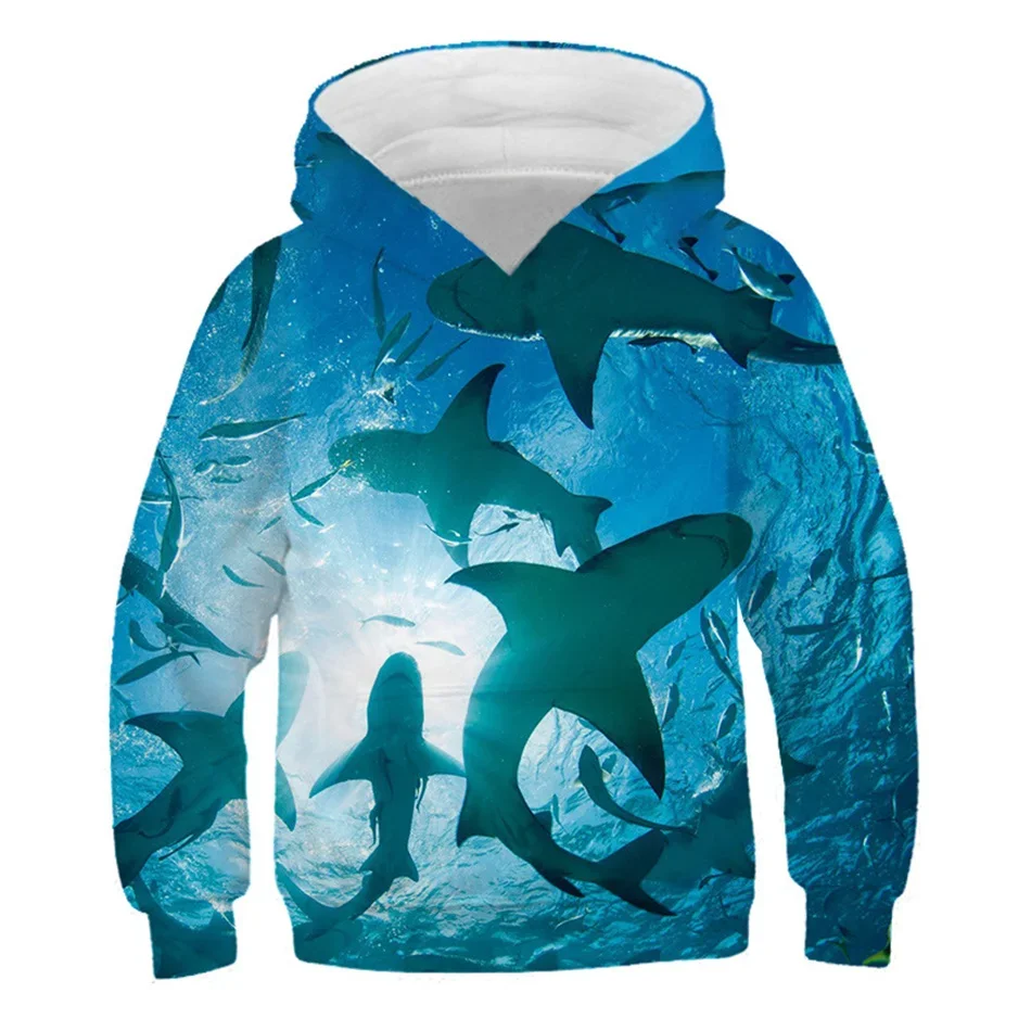 Boy Girl Animal 3D Hoodies Deep Sea Shark Fish Print 4-13Y Children Fashion Hooded Sweatshirts Kids Teen Casual Pullover Clothes