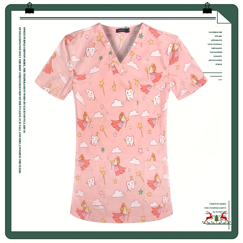 Medical Nurse Uniforms Women Men Print Scrub Shirts&Cap Clinical V-neck Blouse Floral Cartoon Pocket Scrubs Top Beauty Work Wear