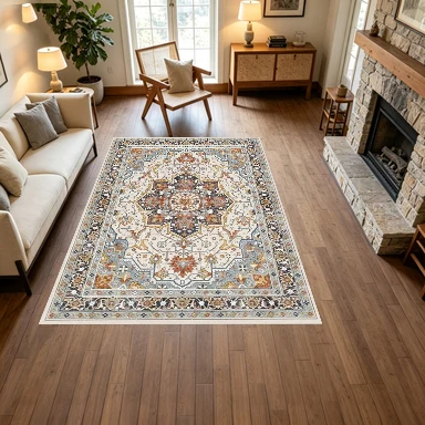 Retro Oriental Style Medal Pattern Square Carpet Non-Slip Floor Mat, Suitable for Living Room, Bedroom, Home Interior Decoration