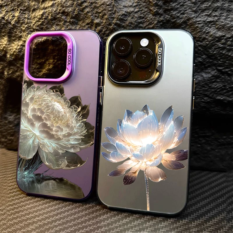 Luxury Lotus Flower Anti-drop Armour Case For iPhone 16 Pro Max 15 14 13 12 11 Pro XR XS X 7 8 Plus Lens protect plating Cover