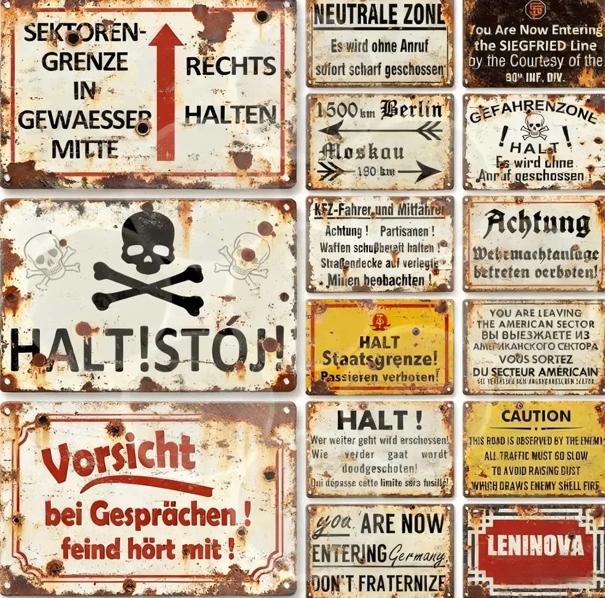 Señal de advertencia militar alemana de la Segunda Guerra Mundial, eslogan de frontera de guerra fría, Alemania Oriental, Unión Soviética, Berlín, placa de Metal de advertencia de pared, sector DDR
