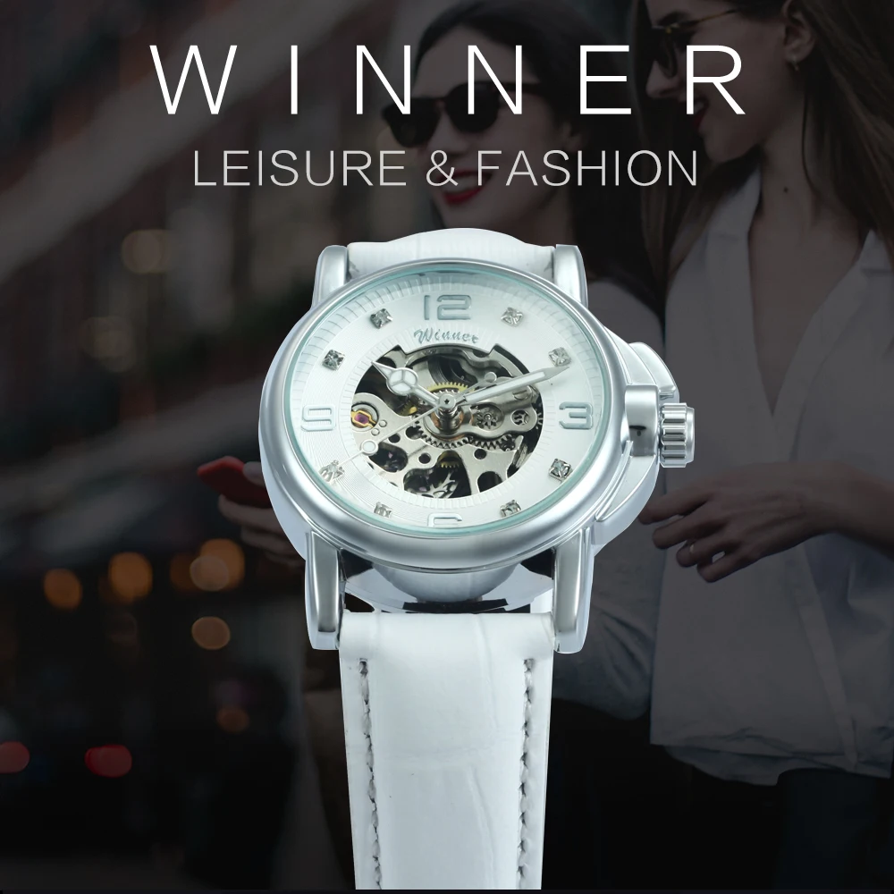 Fashion Winner Brand Rhinestones Watches Lady Elegant Leather Automatic Mechanical Wrist Watch Casual Lady Clock Montre Femme