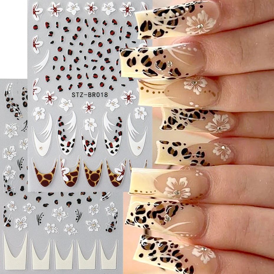 Cheetah French Nails Stickers Flowers Leopard Self-Adhesive Decals Holographic Slider Manicure Art Supplies And Decorations