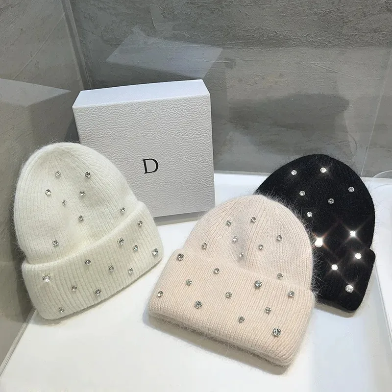 Luxury Rhinestone Beads Knitted Hat Korean Women Rabbit Fur Wool Skullies Cap Winter Fashion Thickened Warm Bonnet Beaanies