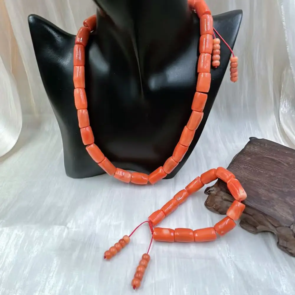 10-12mm Vintage Natural Sea Bamboo Orange Coral Tibet Aka Jewelry Short Collar Necklace Bracelet Jewelry Set 20