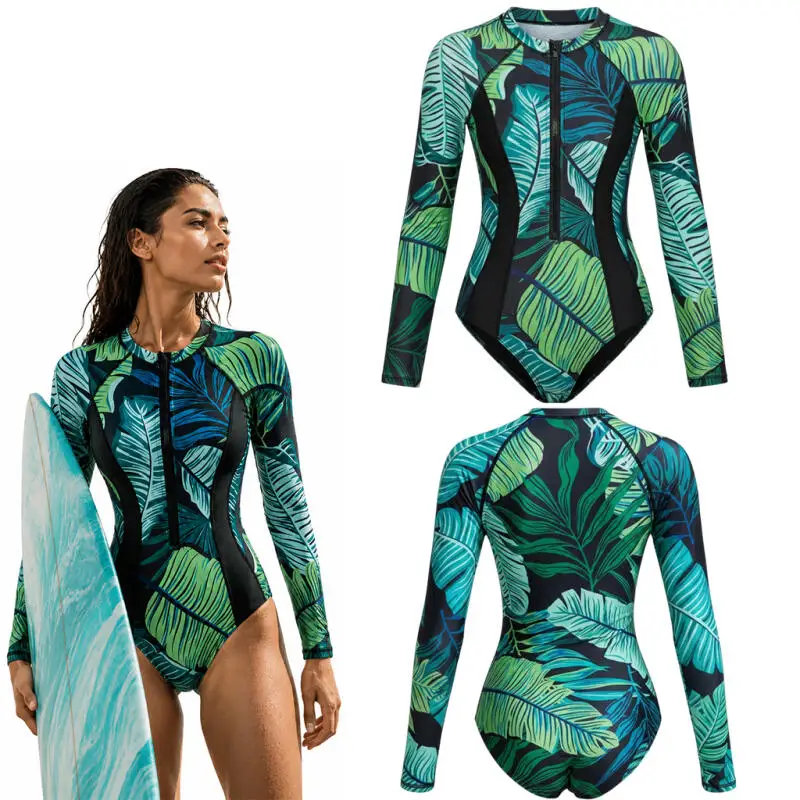 Women Long Sleeve One Piece Swimsuit 3D Print Tropical Palm Leaf Front Zipper Slim Surf Wetsuit For Beach Diving Pool Summer