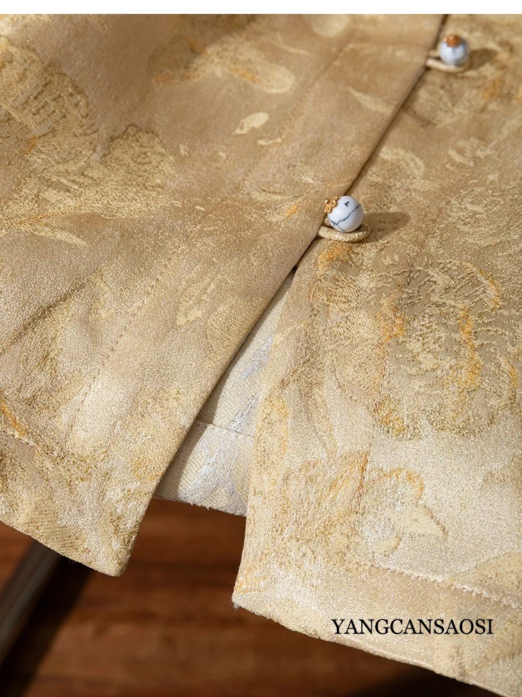 Kemeja Emas Wanita Berbahan Sutra Mulberry Alami 35% dan Wol 65% dengan Kerah Bulat dan Lengan Panjang yang Modis