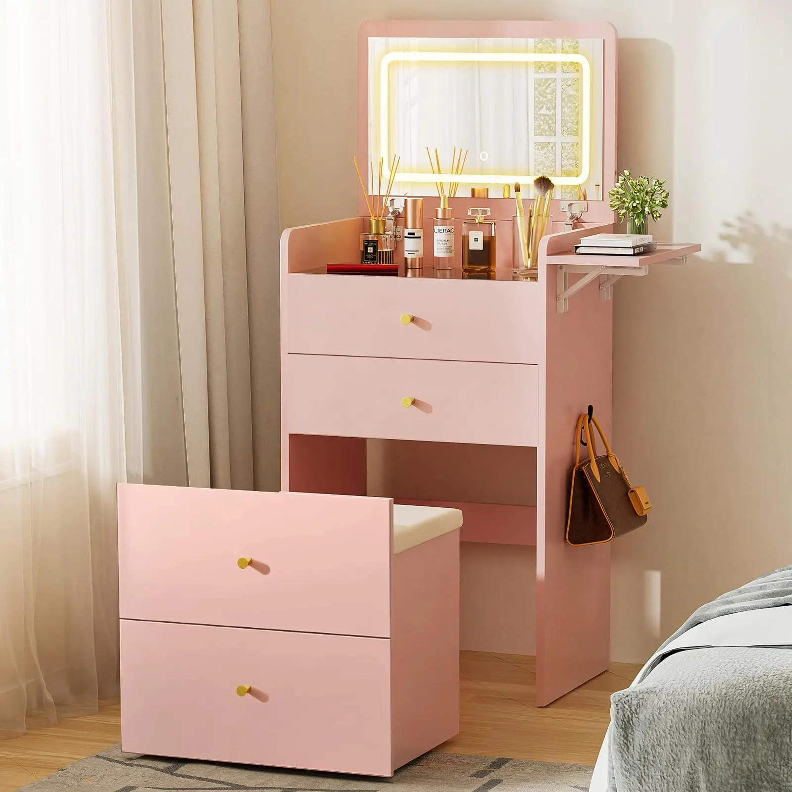 Makeup Vanity Desk with Mirror and Lights, Small 3 in 1 Vanity Table with Visible Glass Top, Flip Top & 3 Drawers