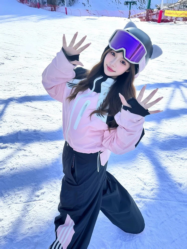 Conjunto de Roupa de Neve Feminina Carden, Resistente ao Frio, Preto e Rosa, Roupa de Esqui Quente com Jaqueta de Algodão para Esqui e Atividades ao Ar Livre
