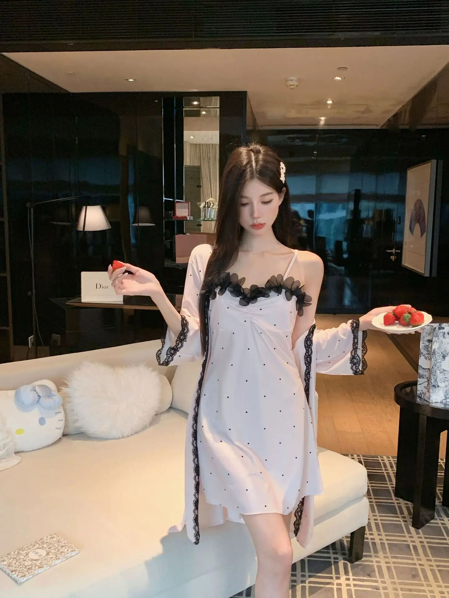 New sweet polka dot three-dimensional flower spring summer pure desire ice silk suspender nightgown women's sleepwear home wear