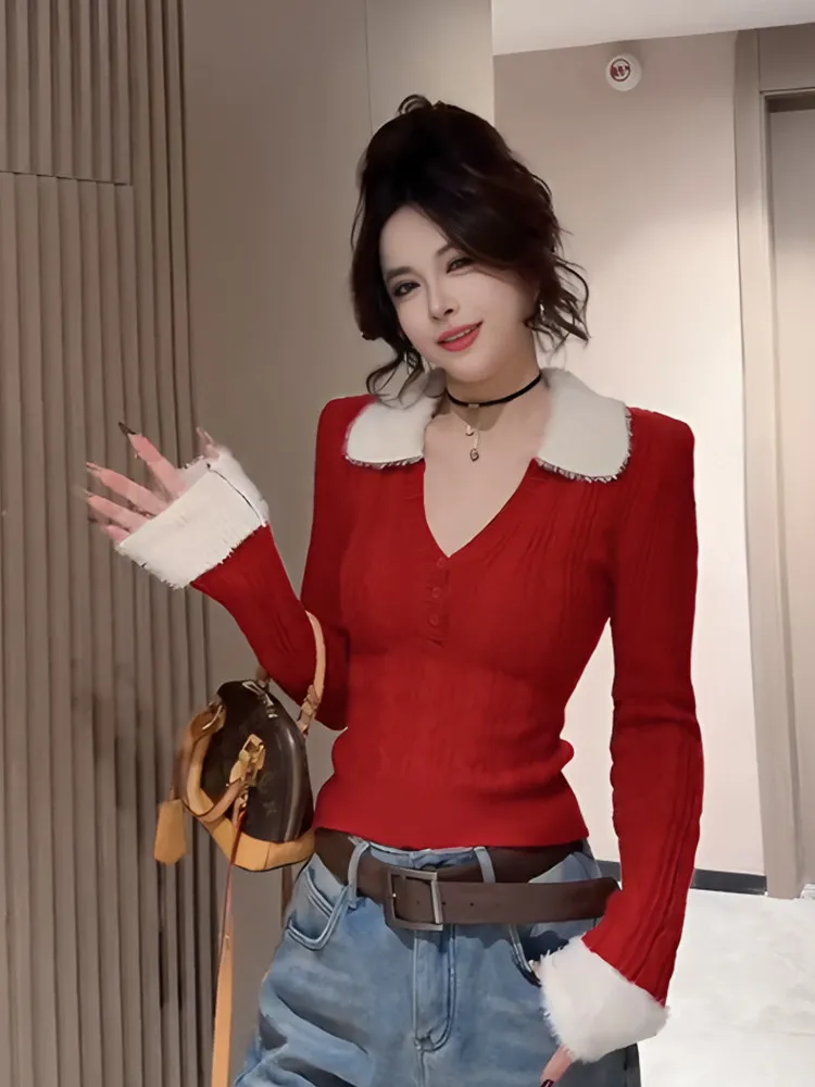 

Cisas новогодний красный пушистый лоскутный воротник длинный светящийся вязаный свитер женский зимний приталенный базовый irt Girl's Faion