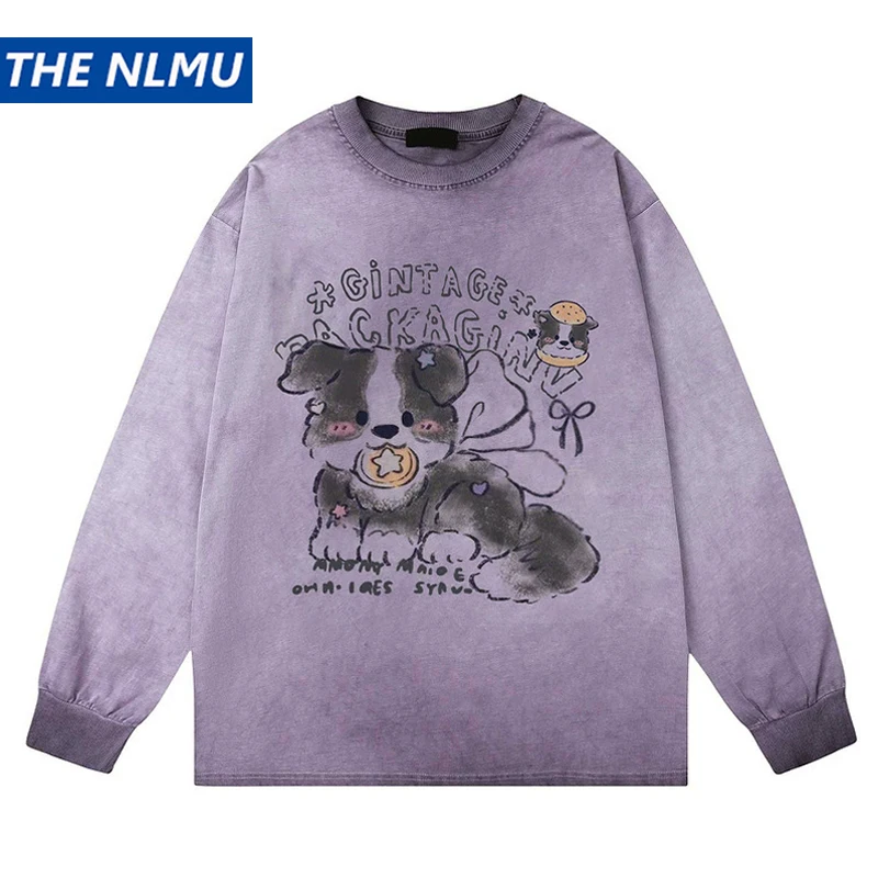 

2025 New Cartoon Graphic Dirty Washed T-shirts Vintage Long Sleeve T Shirts Casual Tee Tops Unisex Retro Cotton Tshirts Y2K