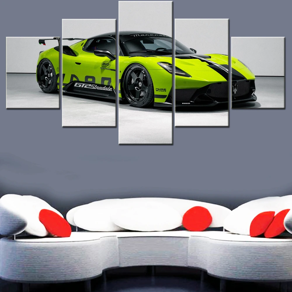 

5 Pieces Canvas Wall Arts Poster Painting Green Sports Racing Car 2025 Wallpaper Home Decor Picture Printing For Living Room Art