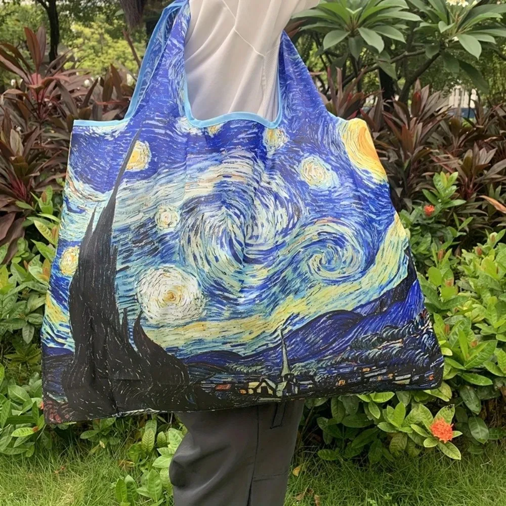 Oil Painting Print Folding Shopping Bag Portable Design Large Capacity Square Shopping Bag Positioning Design Foldable Feature